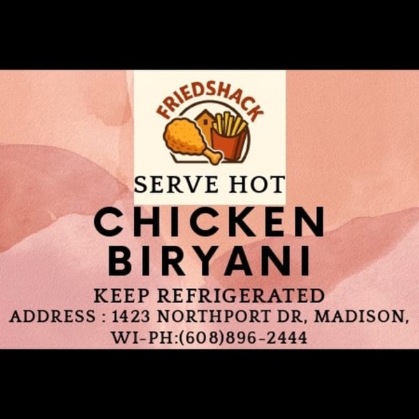 Fried Shack logo with fried chicken and fries, advertising hot Chicken Biryani with address and phone.