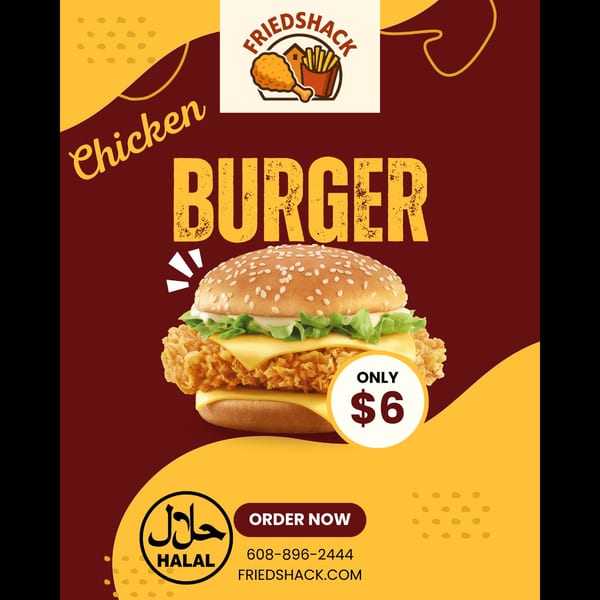 Fried Shack's chicken burger with cheese and lettuce on a sesame bun, priced at $6.