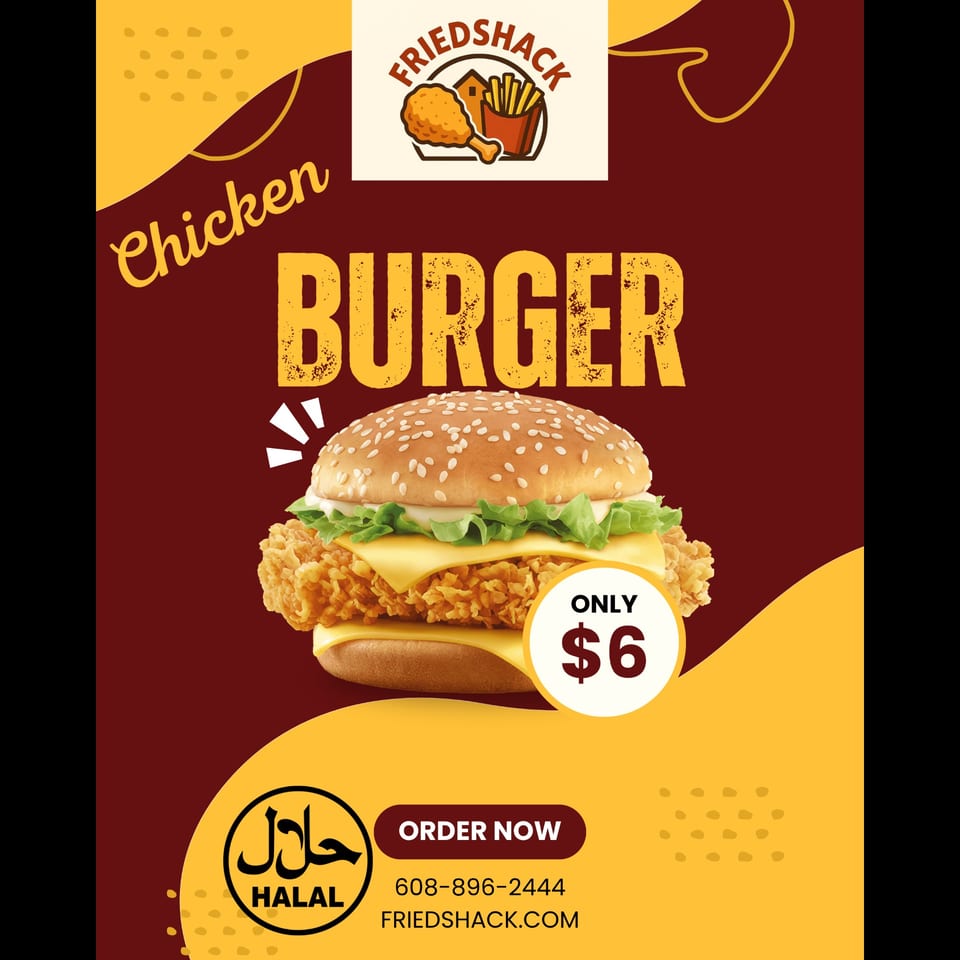 Fried Shack's chicken burger with cheese and lettuce on a sesame bun, priced at $6.
