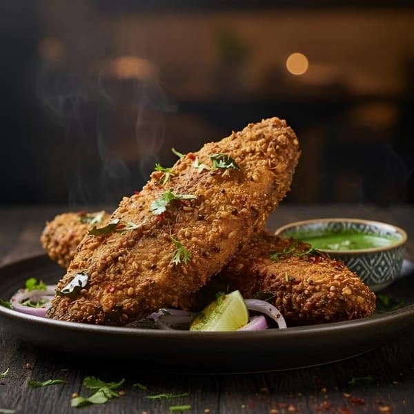 Steaming fried chicken pieces with lime, red onion, and green sauce on a dark plate.