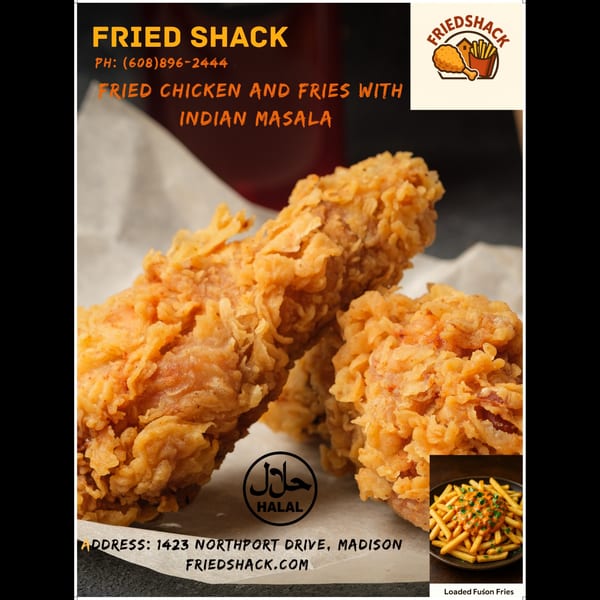 Close-up of crispy fried chicken pieces with a Halal logo and a small image of loaded fusion fries.