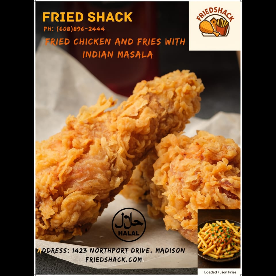 Close-up of crispy fried chicken pieces with a Halal logo and a small image of loaded fusion fries.